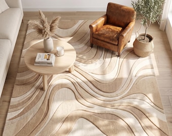 Hand Tufted Wool Rug, Beige Cream Abstract Wave Rug, Japandi Living Room Decor