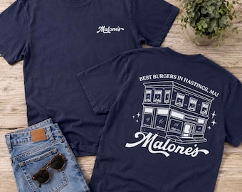 マローンズ・バー・オフ・キャンパスTシャツ、ブライアー大学ホッケーTシャツ、マサチューセッツ州ヘイスティングス・バーガー・グラフィック、ブックトック・ロマンスTシャツ