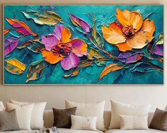 Original Colorful Floral Oil Painting, Abstract Impasto Flower Branch Wall Art, Heavy Textured Blossom On Canvas, Living Room Home Decor
