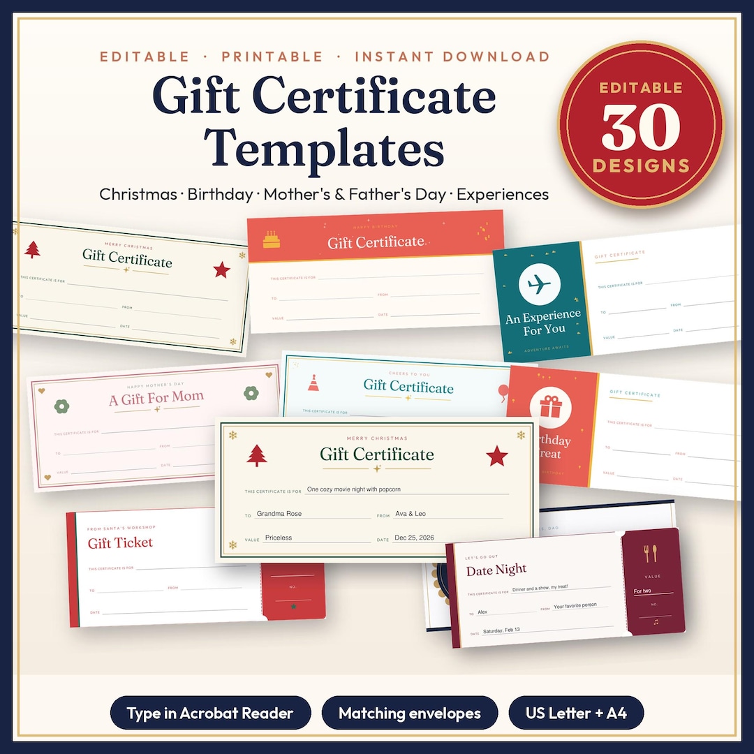Editable Gift Certificate Template, Printable Gift Voucher, Christmas ...