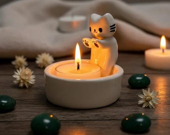 Cat Candle Holder, Ceramic Kitten Warmer, Wax Melt Burner, Christmas Decor, Gift for Cat Moms