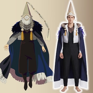 Puede incluir: Un conjunto de disfraz de cosplay que incluye un sombrero beige alto y puntiagudo con un emblema de ojo decorativo, una capa azul oscuro con detalles de plumas moradas y un dobladillo con flecos blancos, una chaqueta corta gris claro y un mono negro.
