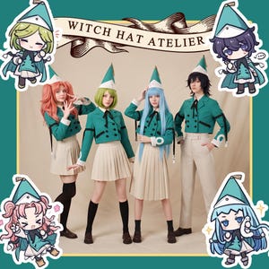 May include: Four individuals wearing Witch Hat Atelier cosplay costumes consisting of teal cropped jackets with black ties, beige pleated skirts or trousers, and pointed teal hats with white accents. The image includes cartoon stickers of characters.