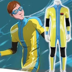 May include: A yellow and blue jumpsuit with black accents, displayed on a mannequin. The suit features a front zipper, blue stripes, and black patches on the elbows and knees. The mannequin is set against a blue background, with an illustration of a person wearing a similar suit.