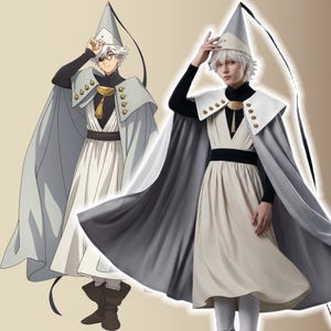 May include: A cosplay costume featuring a long, cream-coloured tunic with a black waistband, a black long-sleeved base layer, and a grey cape with gold buttons. The outfit includes a tall, pointed grey hat with a long black ribbon and dark boots.