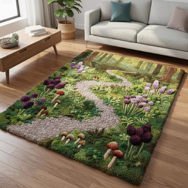 Handmade Forest Moss Tufted Rug Botanical Nature Landscape Area Rug Cottagecore Living Room Decor