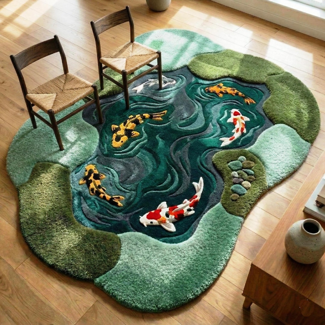 Pond Colors Rug Buy Hand Tufted Koi Pond Area Rug 3D Japanese Fish Irregular Green ...