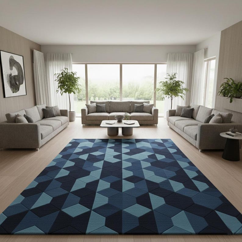 Buy Modern Blue Geometric Area Rug, Handmade 3D Cube Pattern Carpet ...