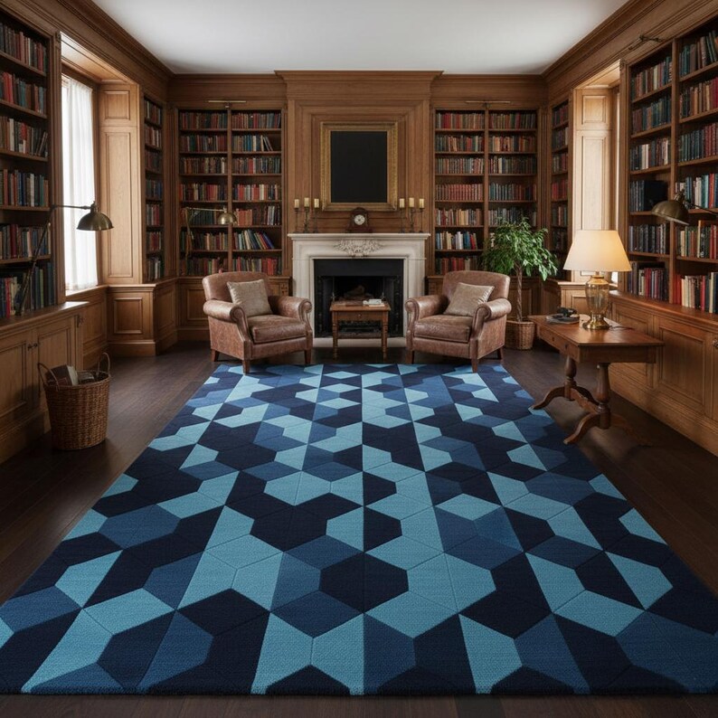 Buy Modern Blue Geometric Area Rug, Handmade 3D Cube Pattern Carpet ...
