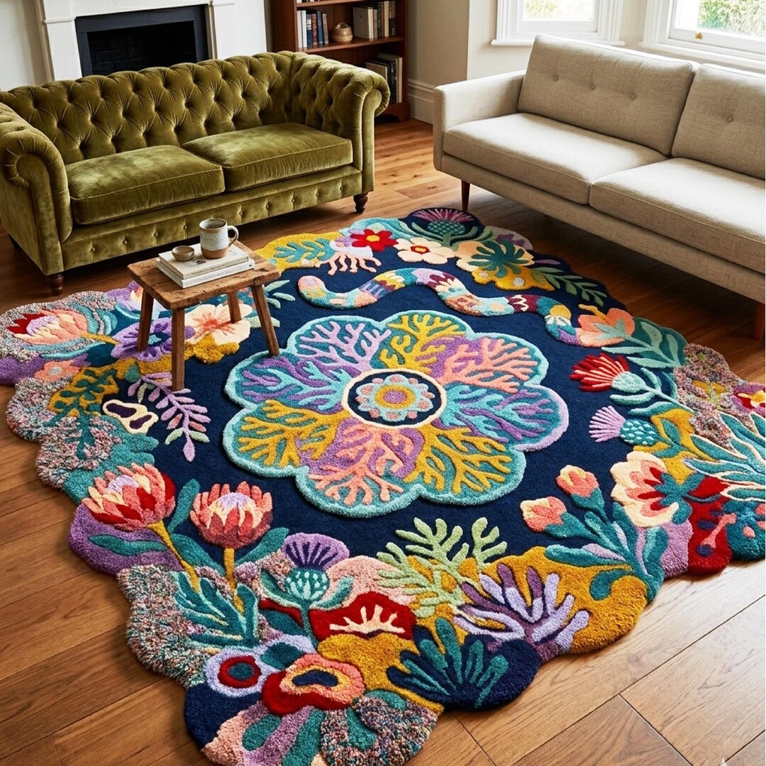 Colorful Floral Hand Tufted Wool Rug – Irregular Botanical Art Carpet ...