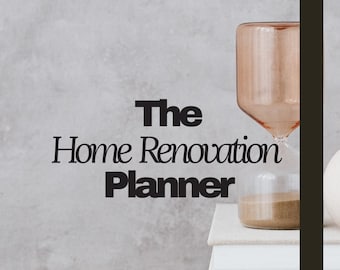 May include: A stack of books and a decorative hourglass with sand are featured in this image. The text "The Home Renovation Planner" is displayed in bold, black font. The hourglass is made of clear glass with a peach-colored top.