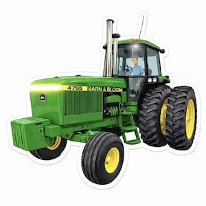 Puede incluir: Tractor verde con neum&aacute;ticos negros y llantas amarillas. El tractor tiene el texto "4755 BARN & BLOOM" en el lateral. Una persona es visible dentro de la cabina. El tractor tiene un tubo de escape grande.