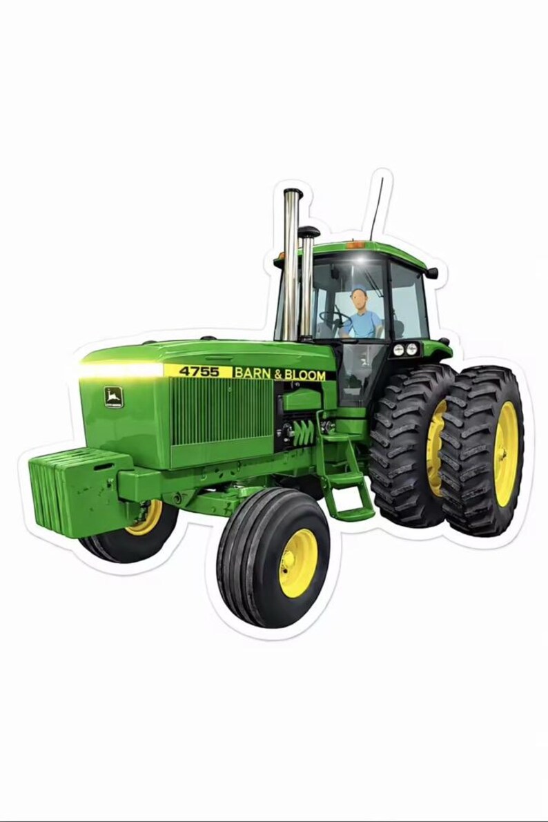 Puede incluir: Tractor verde con neum&aacute;ticos negros y llantas amarillas. El tractor tiene el texto "4755 BARN & BLOOM" en el lateral. Una persona es visible dentro de la cabina. El tractor tiene un tubo de escape grande.