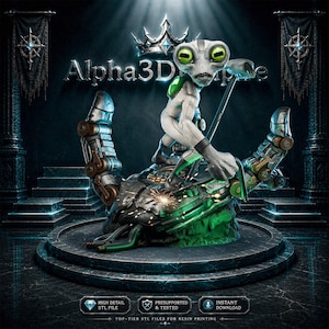 Könnte beinhalten: Eine digitale 3D-Skulptur eines grauen Alien-Wesens mit großen grünen Augen, das einen grünen Rucksack trägt und ein Werkzeug hält, auf einer metallischen mechanischen Basis. Der Text Alpha3DPrint ist oben sichtbar, mit Symbolen für hohe Detailgenauigkeit, vorunterstützt und sofortiger Download unten.