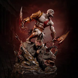 May include: A detailed figurine of a pale, muscular warrior with a red tattoo, wearing gold armour and sandals, wielding two curved blades attached to chains. The warrior stands atop a fallen, horned beast on a rocky base with arrows embedded in it.