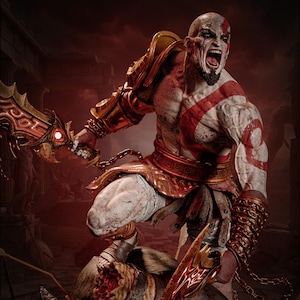 May include: A detailed figurine of a muscular warrior with pale skin, a red tattoo across the torso, and a goatee. The figure wears gold armour, a red skirt, and holds two ornate, glowing blades connected by chains, with an aggressive facial expression.