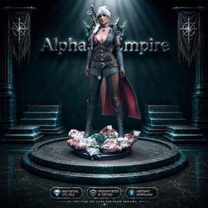 May include: A 3D digital figurine of a white-haired warrior standing on a rocky base, wearing a dark grey leather-style outfit with a red-lined cape and swords on the back. The text Alpha Empire is displayed above the figure with download icons.