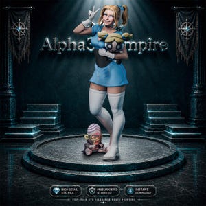 Puede incluir: Una figura digital 3D de un personaje rubio con vestido azul y botas blancas hasta los muslos, sosteniendo una muñeca de ojos grandes. Una pequeña criatura parecida a un mono está sentada a los pies. El texto Alpha3Empire es visible al fondo.