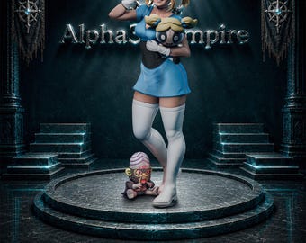 May include: A 3D digital figurine of a blonde character in a blue dress and white thigh-high boots, holding a small doll with large eyes. A small monkey-like creature sits at the character's feet. The text Alpha3Empire is visible in the background.