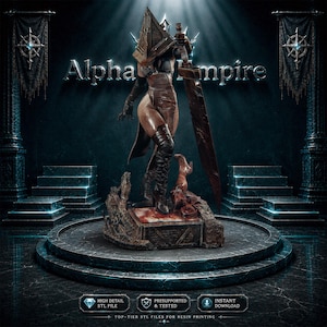 May include: A 3D digital sculpture of a figure wearing a pyramid-shaped headpiece, dark leather-like clothing, and high boots, holding a large sword. The figure stands on a textured base with the text Alpha Empire displayed in the background.