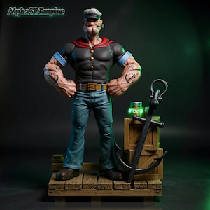 May include: A detailed figurine of Popeye the Sailor Man, standing on a wooden dock. He wears a black shirt, blue jeans, and a sailor hat. Anchor tattoos are visible on his forearms. An anchor and a wooden crate with a can are next to him. The text "Alpha3DEmpire" is in the top left.