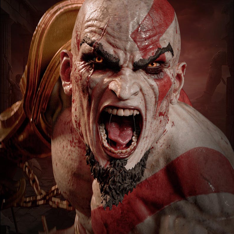 May include: A detailed figurine of a bald, pale-skinned warrior with a thick black beard and a prominent red tattoo extending from the forehead down the face. The figure has an aggressive expression, wide-open mouth, and glowing orange eyes.