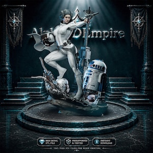 May include: A 3D printable resin figure of a character with braided hair wearing a white jumpsuit and cape, holding a blaster pistol. Beside the character stands a blue and white droid on a rocky base. Text reads High Detail STL File, Presupported & Tested, Instant Download, Top-Tier STL Files For Resin Printing.