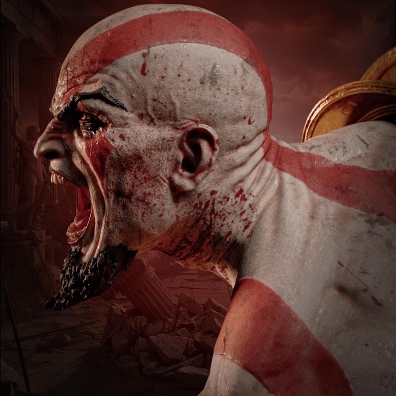 May include: A profile view of a pale-skinned figure with a prominent red tattoo stripe across the head and shoulder. The figure has a dark beard, an open mouth showing teeth, and skin splattered with red markings resembling blood stains.