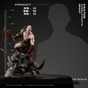 May include: A Kratos figurine featuring a pale warrior with a red tattoo, wielding a red-bladed weapon while standing on a defeated beast. The figure is 39 cm high, 38 cm wide, and 36 cm deep. Text includes KRATOS, PRESUPPORTS READY, and 1/6 SCALE.