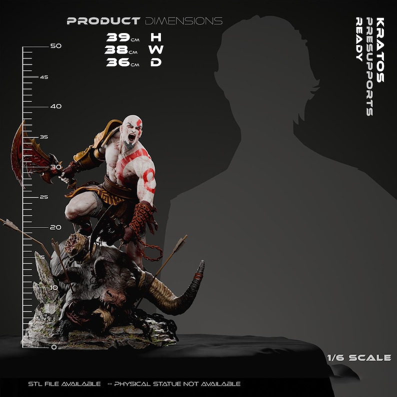 May include: A Kratos figurine featuring a pale warrior with a red tattoo, wielding a red-bladed weapon while standing on a defeated beast. The figure is 39 cm high, 38 cm wide, and 36 cm deep. Text includes KRATOS, PRESUPPORTS READY, and 1/6 SCALE.