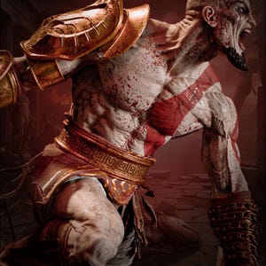 May include: A muscular, pale-skinned warrior figure with a prominent red tattoo across the chest and torso. The figure wears ornate gold-coloured shoulder armour, a wide metallic belt with a Greek key pattern, and dark brown chain-link arm guards.