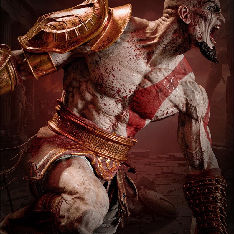 May include: A muscular, pale-skinned warrior figure with a prominent red tattoo across the chest and torso. The figure wears ornate gold-coloured shoulder armour, a wide metallic belt with a Greek key pattern, and dark brown chain-link arm guards.