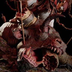 May include: A detailed sculpture of a dark red, horned creature with an open mouth revealing sharp teeth and a textured tongue. A wooden arrow pierces the creature's head, and a metallic collar is visible around its neck against a black background.