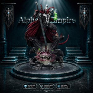 Puede incluir: Modelo 3D detallado de Spawn, de pie sobre una base monstruosa con una espada. La figura lleva una armadura negra y blanca con una capa roja. El texto "Alpha Empire" se muestra arriba, con iconos que indican la disponibilidad del archivo STL.