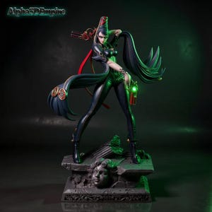 May include: A detailed figurine of a character in a dynamic pose, wearing a black and green outfit with long, flowing hair. The figure holds two ornate guns with green glowing accents. The base is a stone-like structure with a sculpted face. The text "Alpha3DEmpire" is visible.