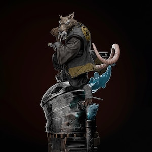 May include: A detailed statue of a rat-like character in a black and gold outfit, holding a katana. The figure is perched atop a metallic structure with a blue energy effect. The rat has a long tail and is in a dynamic pose.