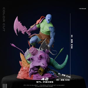 May include: A 1:6 scale multi-coloured fantasy warrior statue featuring a muscular figure wielding two blades while standing atop a defeated horned beast. The statue measures 39 cm in height, 38 cm in depth, and 36 cm in width, consisting of 42 STL pieces.