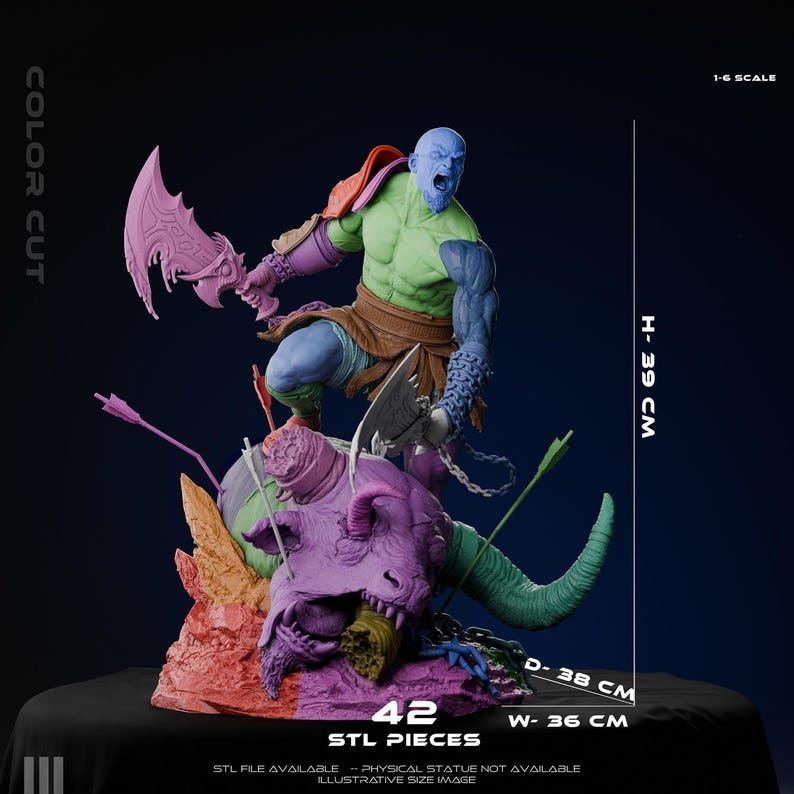 May include: A 1:6 scale multi-coloured fantasy warrior statue featuring a muscular figure wielding two blades while standing atop a defeated horned beast. The statue measures 39 cm in height, 38 cm in depth, and 36 cm in width, consisting of 42 STL pieces.