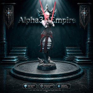 May include: A 3D printed figurine of a pale-skinned humanoid character with a bald head, wearing a black corset, dark red skirt, and black boots. The character holds two glowing red lightsabers crossed above their head. The text Alpha3D Empire is visible.