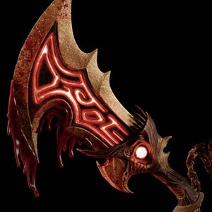 May include: A curved blade weapon featuring a weathered gold finish with glowing red internal patterns and dripping red liquid effects. The hilt displays a sculpted creature head with a single glowing eye, connected to a metallic chain link.