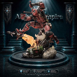 May include: A highly detailed 3D printed figurine of a red and black costumed character in a dynamic leaping pose, wielding a katana and a firearm. The base features a rocket with a flame effect, a green ammunition crate labelled BOOM, and debris.