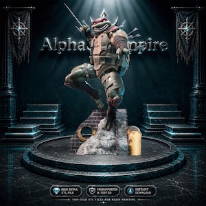 Puede incluir: Renderizado 3D detallado de un personaje de las Tortugas Ninja, posando dinámicamente con armas. La figura es verde, viste un atuendo marrón y beige, y se encuentra sobre una base de piedra. El texto "Alpha Empire" se muestra arriba.