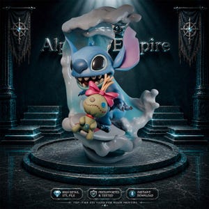 May include: A blue alien character with large ears and a wide grin, holding a small tan doll with a pink bow and blue button eyes. The character stands on a surfboard amidst a large, swirling wave of water, rendered in a smooth, glossy finish.