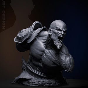 May include: A grey monochromatic bust sculpture of a muscular, bald warrior with a goatee, shown in a dynamic pose with an open mouth as if shouting. The figure wears a shoulder pauldron and a belt with a Greek key pattern on a textured base.