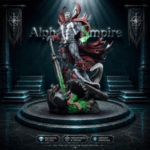 Peut inclure: Une représentation 3D détaillée d'une figurine de Spawn, debout sur une plateforme avec une épée et un effet d'énergie verte. La figurine est principalement grise, rouge et noire, avec le texte "Alpha Empire" au-dessus. L'image comprend également des icônes pour le fichier STL, pré-supporté et téléchargement instantané.