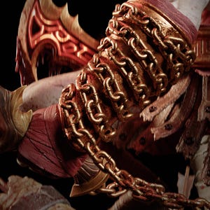 May include: A forearm wrapped in red fabric bandages, tightly bound with thick, metallic gold-coloured chains. A large, curved, serrated blade with a gold and red finish is positioned behind the arm, featuring intricate engraved patterns.