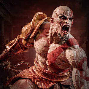 May include: A muscular, bald figure with pale skin and a prominent red tattoo across the torso and face. The figure wears gold-toned shoulder armour and a waist belt with Greek key patterns, while splattered with blood and holding a metal chain.