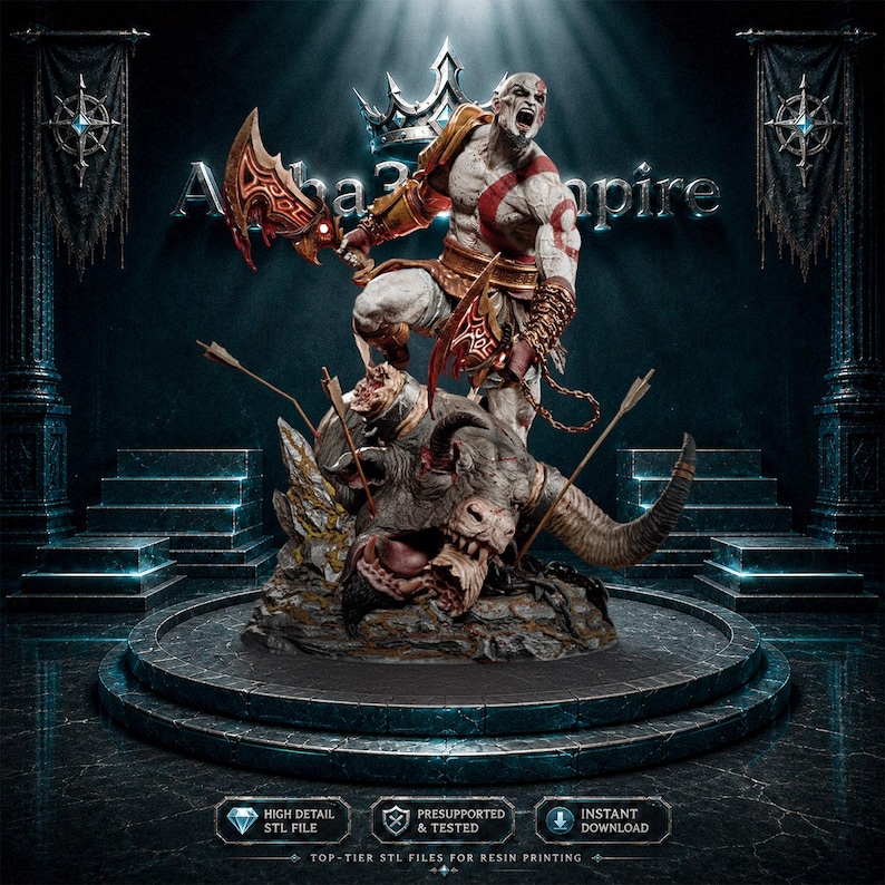 May include: A detailed 3D figurine of a pale, muscular warrior with a red body tattoo, wielding two curved blades while standing atop a defeated, horned beast pierced by arrows. The base features text reading Alpha Empire, High Detail STL File, Presupported & Tested, and Instant Download.