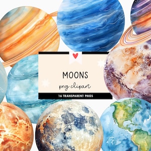Watercolor Planet Clipart Outer Space PNG Moon Graphics Solar System Art Galaxy Illustrations Celestial Clipart Nursery Decor Commercial Use