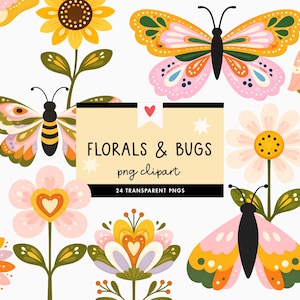 May include: A collection of colorful floral and bug illustrations. The image features butterflies, bees, flowers, and the text "FLORALS & BUGS png clipart". The designs are in a whimsical, cartoon style with a white background.